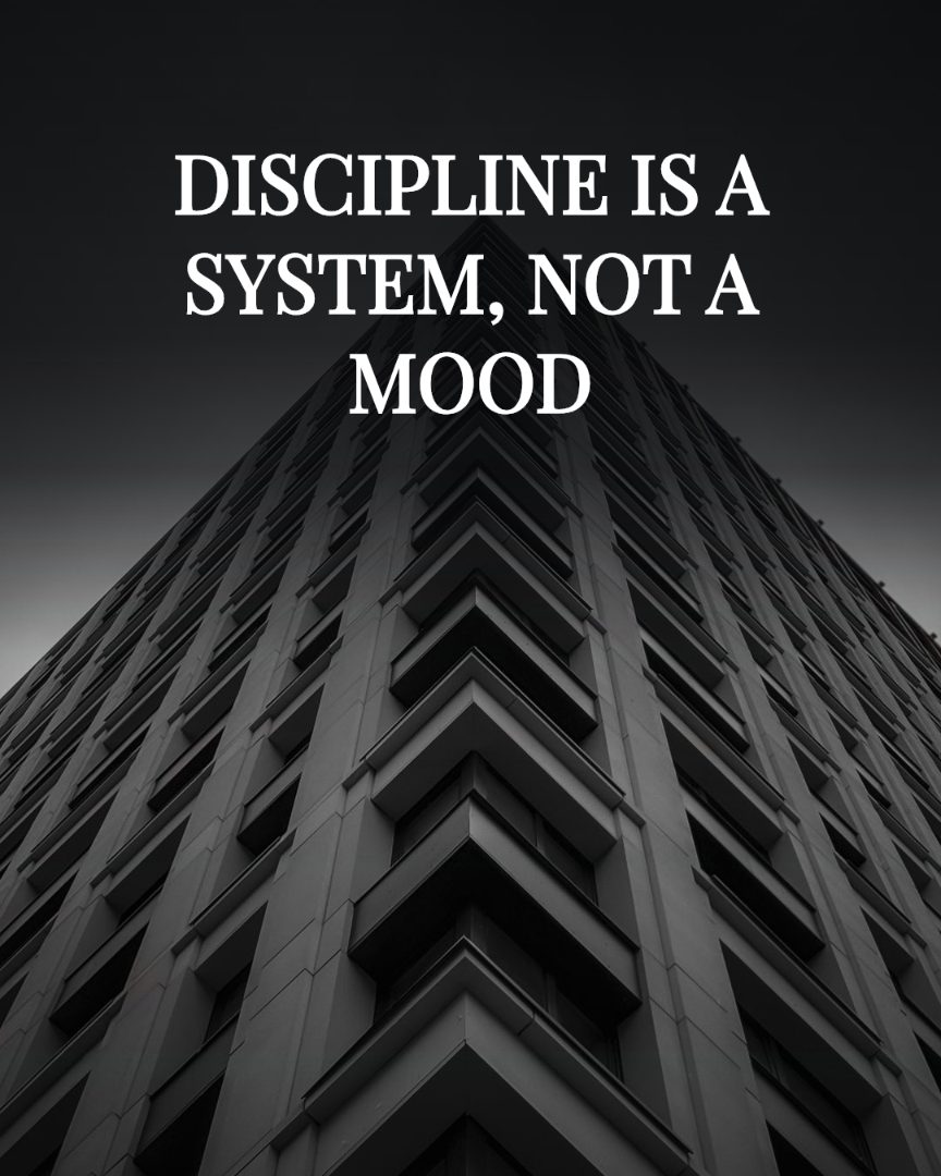 Dark quote look: serif capitals reading 'Discipline is a system, not a mood' over moody black-and-white photography
