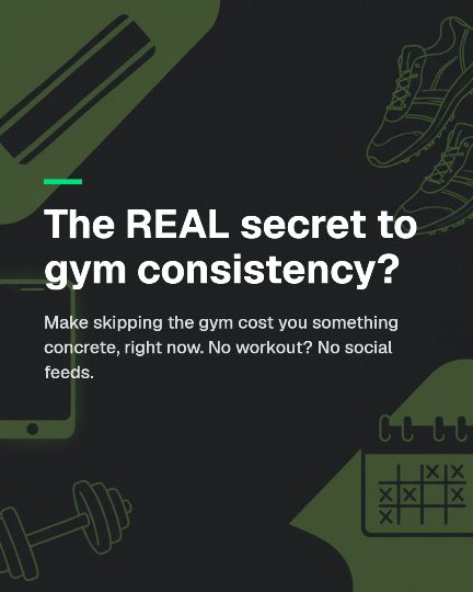 Slide 5: The real secret — make skipping the gym cost you something now. No workout, no feed.